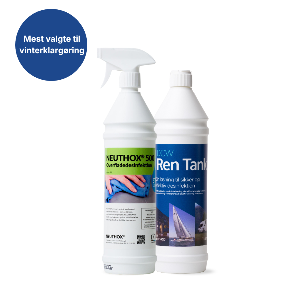 En flaske Ren Tank og en flaske Overfladedesinfektion - vinterkit 