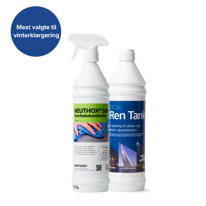 En flaske Ren Tank og en flaske Overfladedesinfektion - vinterkit 