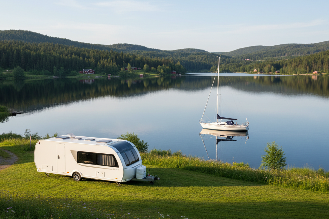 Natural outdoor scene showing a modern white camping trailer parked on green grass and a small to medium-sized sailboat floating in calm water nearby. 